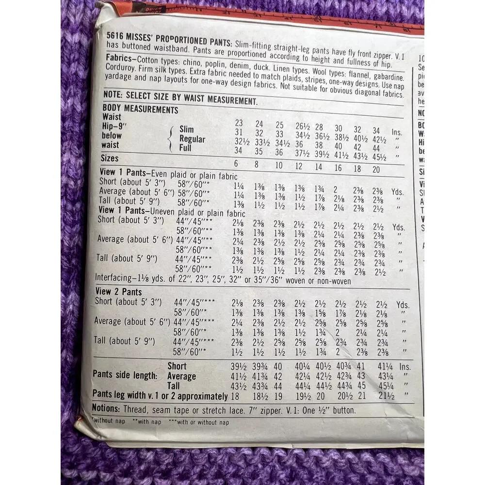 Simplicity 5616 sewing pattern straight leg slacks size 20